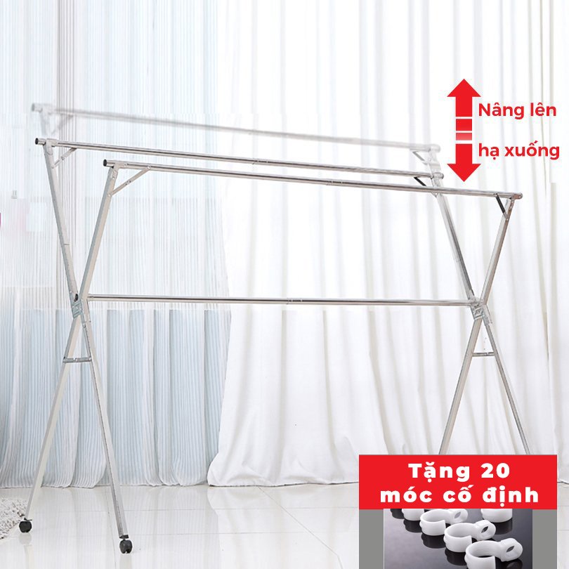 Giàn Phơi Quần Áo Thông Minh, Gấp gọn cây Inox bền 20 năm, giá sào phơi đồ có bánh xe tặng 20 móc treo cố định