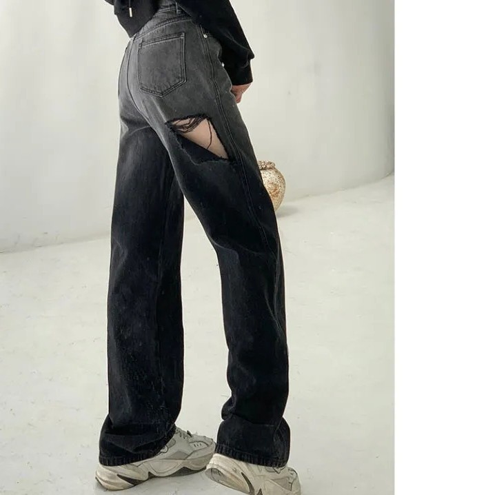 Quần jean ống rộng lưng cao rách gối mẫu mới 2021 dành cho nữ