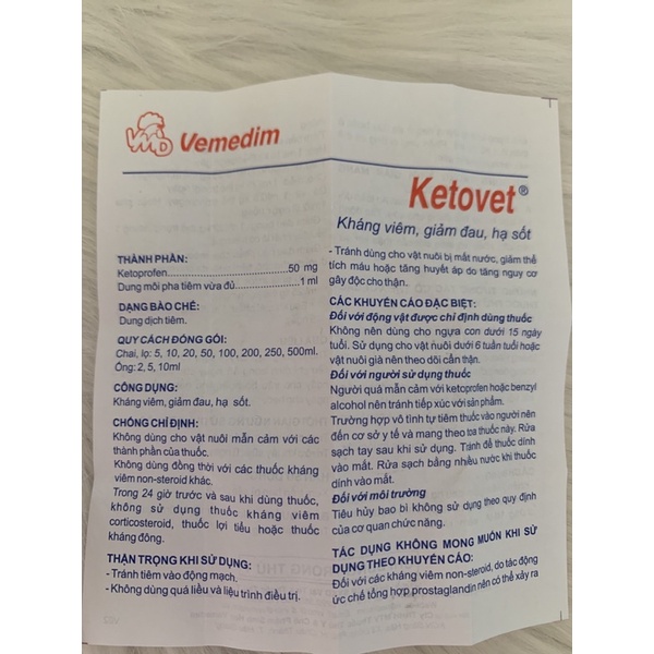 20ml Ketovet - hạ sốt dành cho gà, vịt, chó, mèo, heo, trâu, bò, ngựa