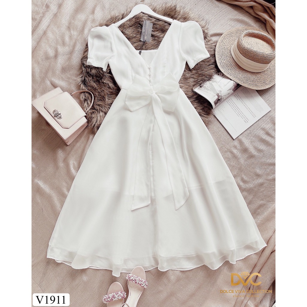 Váy trắng xòe lưng thắt nơ V1911 - Đẹp Shop DVC (Kèm ảnh thật trải sàn do shop tự chụp) | BigBuy360 - bigbuy360.vn
