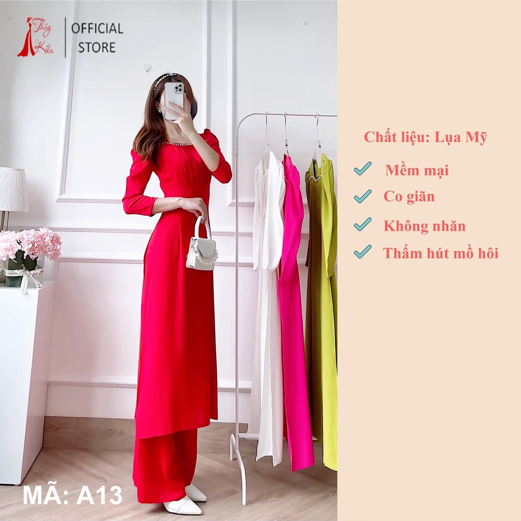 Áo Dài Cách Tân Nữ Lụa Mỹ Đỏ Cao Cấp A13  Dự Tiệc Lễ Tết Đẹp Cổ Vuông Xếp Ly Tay Bồng