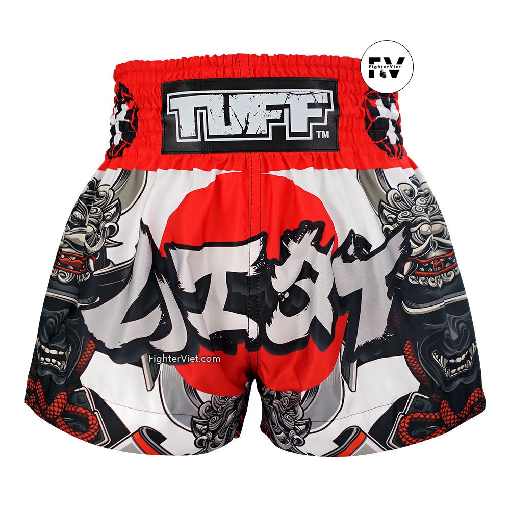 Quần TUFF Muay Thai Boxing Shorts The Samurai of Siam - Chữ Trắng