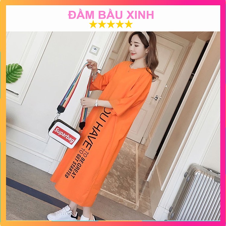 Đầm bầu suông cổ tròn tay lỡ váy bầu chất Cotton dáng dài in họa tiết You Have hàng VNXK