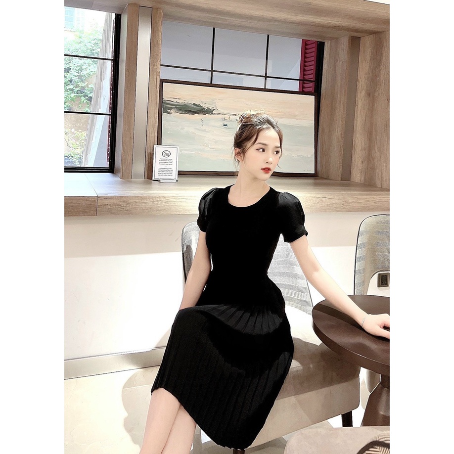 Áy công sở nữ liền thân dáng xòe xếp ly nhỏ  ống tay rúm nhẹ, cổ tròn nẹp khuy bọc thiết kế MQ Boutique cao cấp