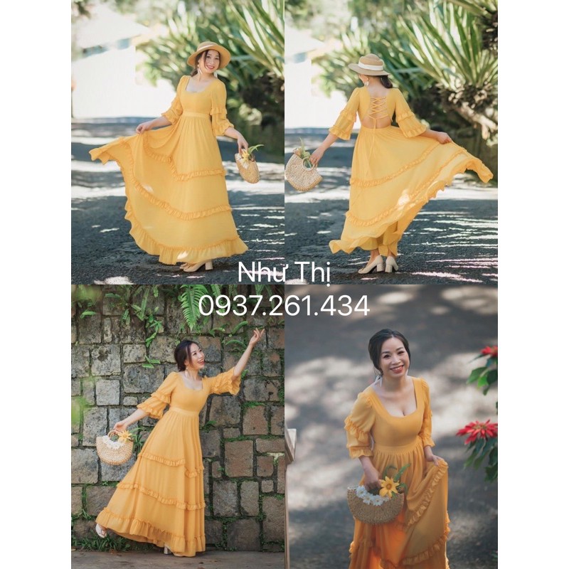 (miễn phí chỉnh váy) maxi boho hở lưng váy xòe viền bèo du lịch chụp hình thời trang sống ảo đà lạt hoa thiết kế | BigBuy360 - bigbuy360.vn