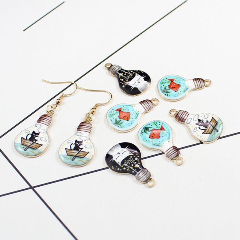 Bông Tai Hình Mèo Và Bóng Đèn Tráng Men Dễ Thương Sáng Tạo Cho Nữ