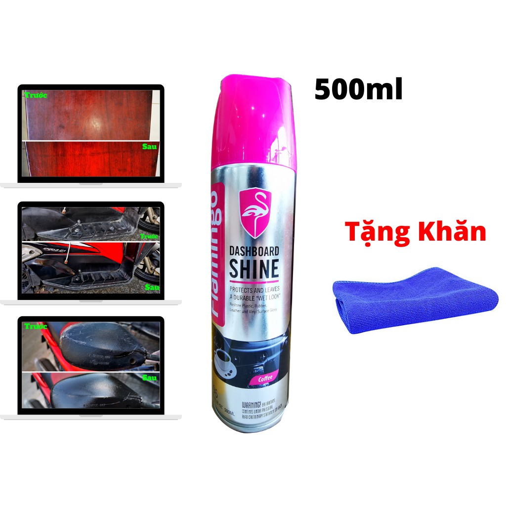 Dung Dịch Đánh Bóng Da, Bóng Gỗ Nhựa Cao Su Flamingo Dashboard Shine F096 500ml Tặng Khăn