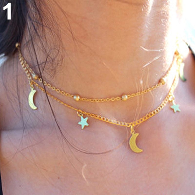 Dây Chuyền Bằng Hợp Kim Nhiều Tầng Hình Mặt Trăng Và Ngôi Sao Phong Cách Cổ Điển