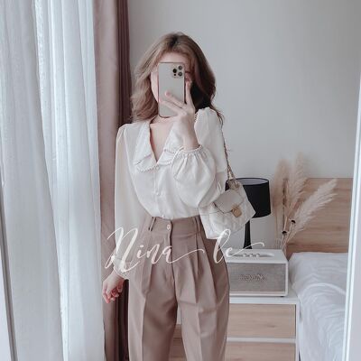 Áo sơ mi lụa cổ sen 2 lá đính viền dây ngọc tiểu thư