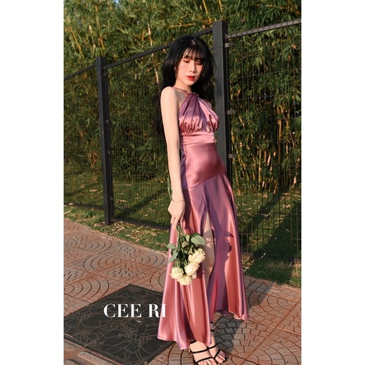 Váy lụa CEE RI form dài xẻ tà cao cấp màu hồng ruốc ánh tím ( Ảnh thật - Chính chủ CEE RI )