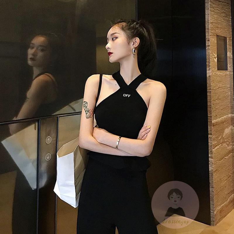 Áo Hai Dây Dệt Kim Ôm Dáng Cổ Chữ V In Chữ Thời Trang Mùa Hè Cho Nữ