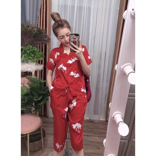 [Dưới 62kg] Đồ bộ Pijama mặc nhà Lụa Gấm lửng - tay ngắn quần lửng nhiều hoạ tiết cho bạn nữ
