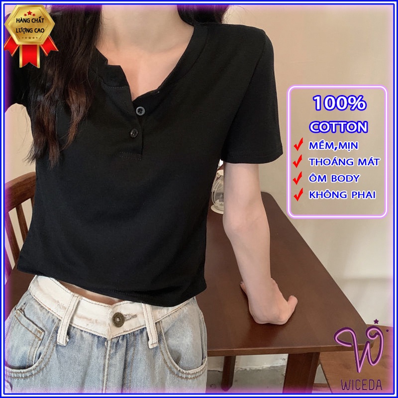 Áo croptop cổ v tay ngắn đẹp,áo thun cộc tay xinh chất 100% cotton cúc thật 4 màu đen trắng hồng ghi Wiceda AV301