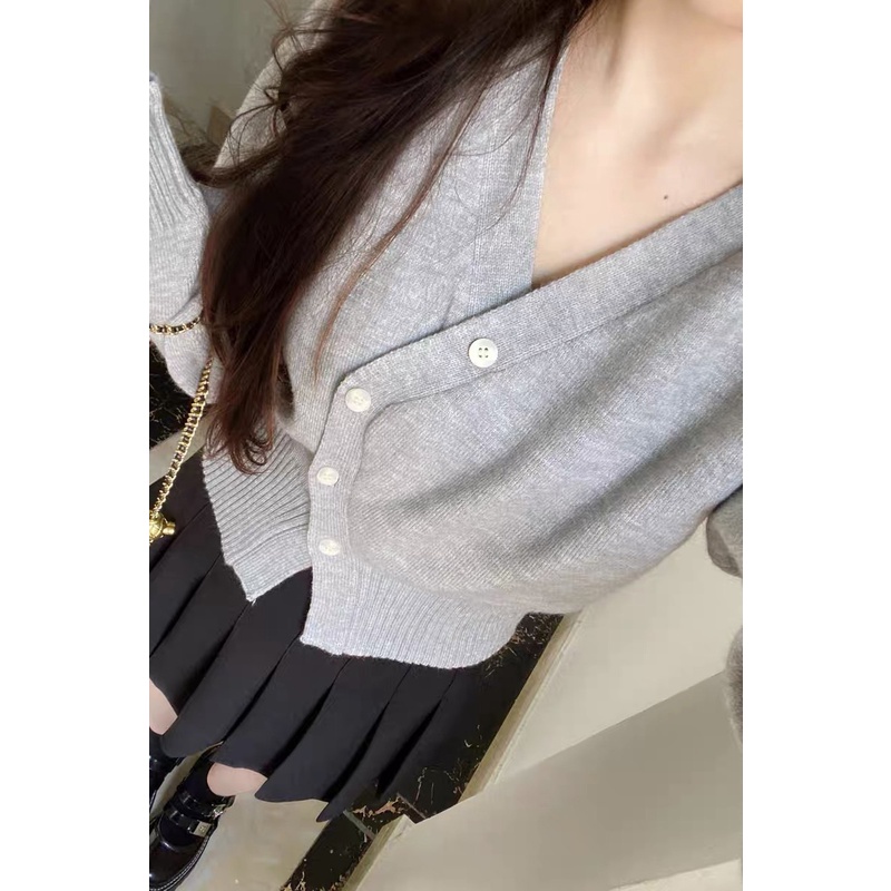 Bộ Áo Cardigan Dệt Kim Cổ Chữ V Phối Nút + Chân Váy Mini Thời Trang Cho