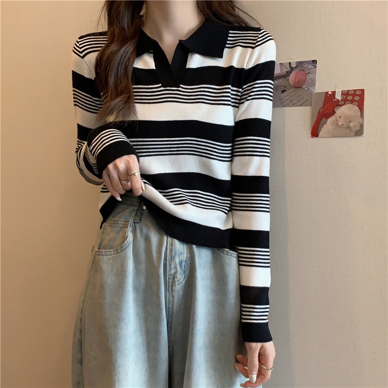 【ZHELIHANGFEI】Áo Thun POLO Dệt Kim Tay Dài Dáng Rộng Họa Tiết Kẻ Sọc Dễ Phối Đồ