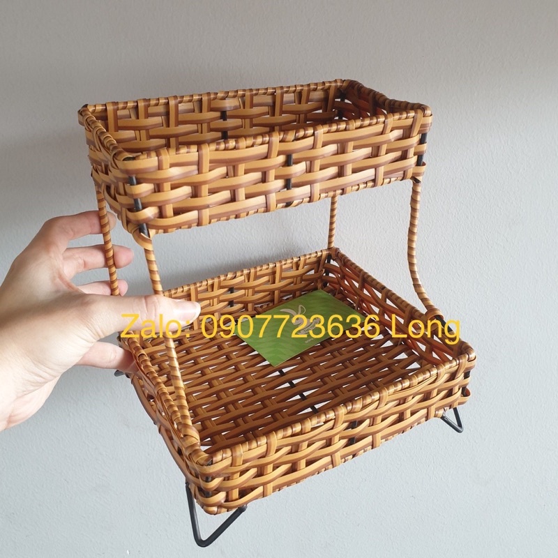 Kệ 2 tầng Nhỏ dây vàng đan nhựa giả mây Dài 17cm Rộng 15cm Cao 19cm