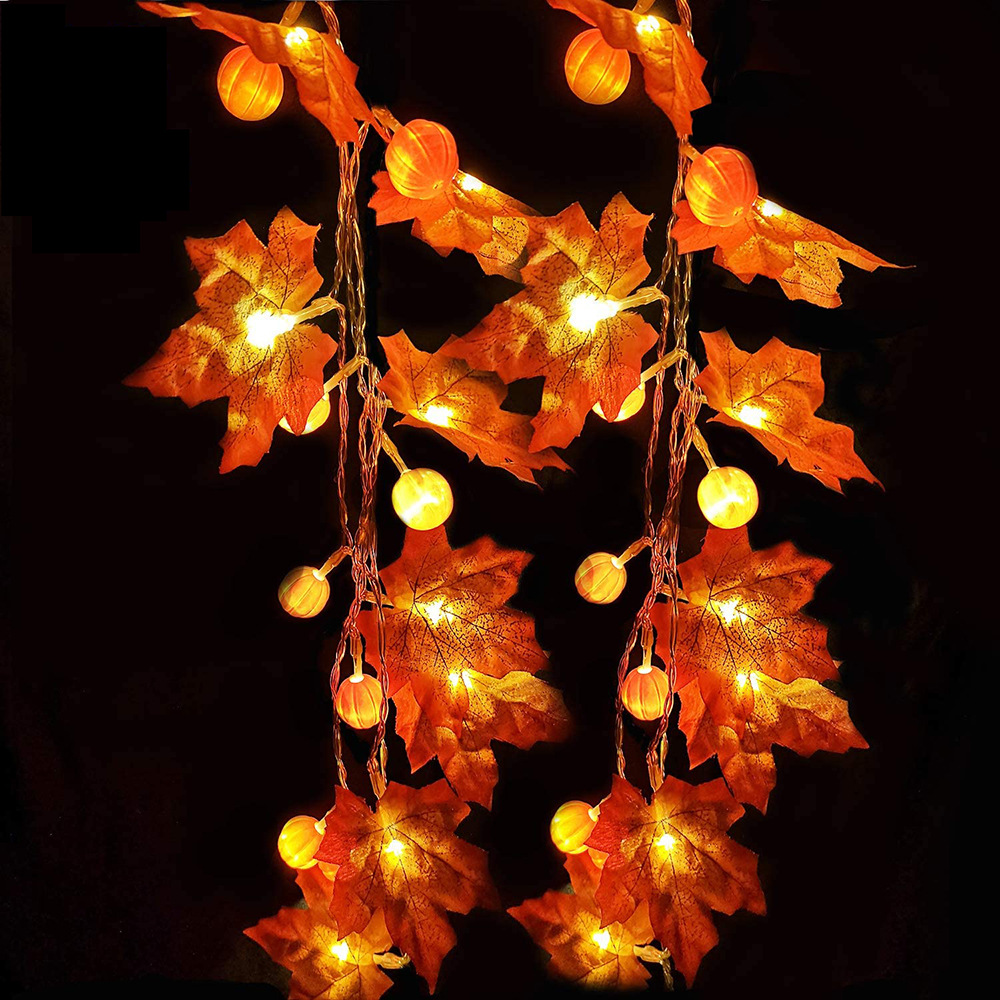 1.5/3m Fall Red Maple Leaf Pumpkin String Lights Garland/Halloween Christmas LED Warm Yellow Fairy Lights/Birthday Party Wedding Xmas Home INS Decorations