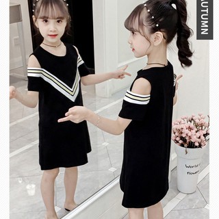 Váy trễ vai trang trí kẻ sọc đáng yêu dành cho bé gái 2-12 tuổi