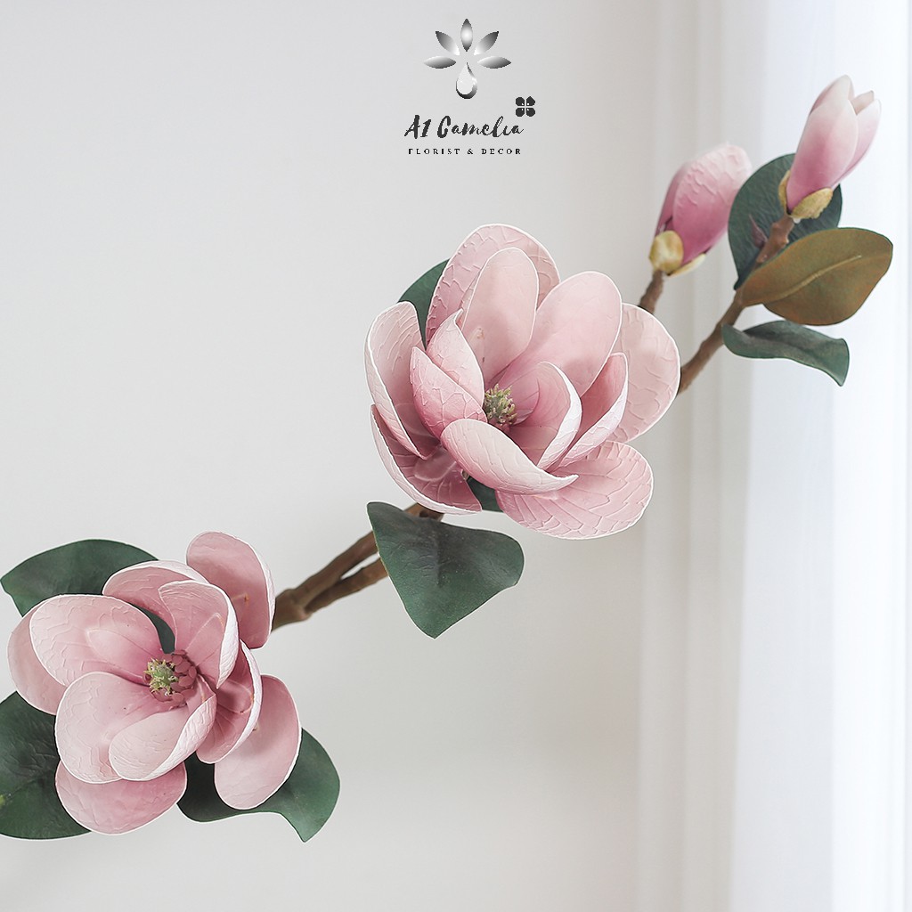 Hoa Decor - Hoa Mộc Lan Camelia +Tặng Kèm Sỏi Trắng, Cành 95cm, Cành Gồm 4 Bông Lớn, Trang Trí Decor Cực Đẹp