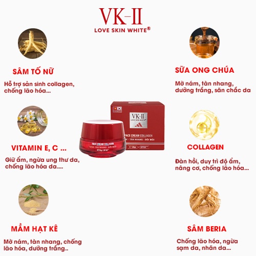 Kem dưỡng da mờ nám, tàn nhang, đồi mồi VK II Love Skin White Face Cream Collagen 35g