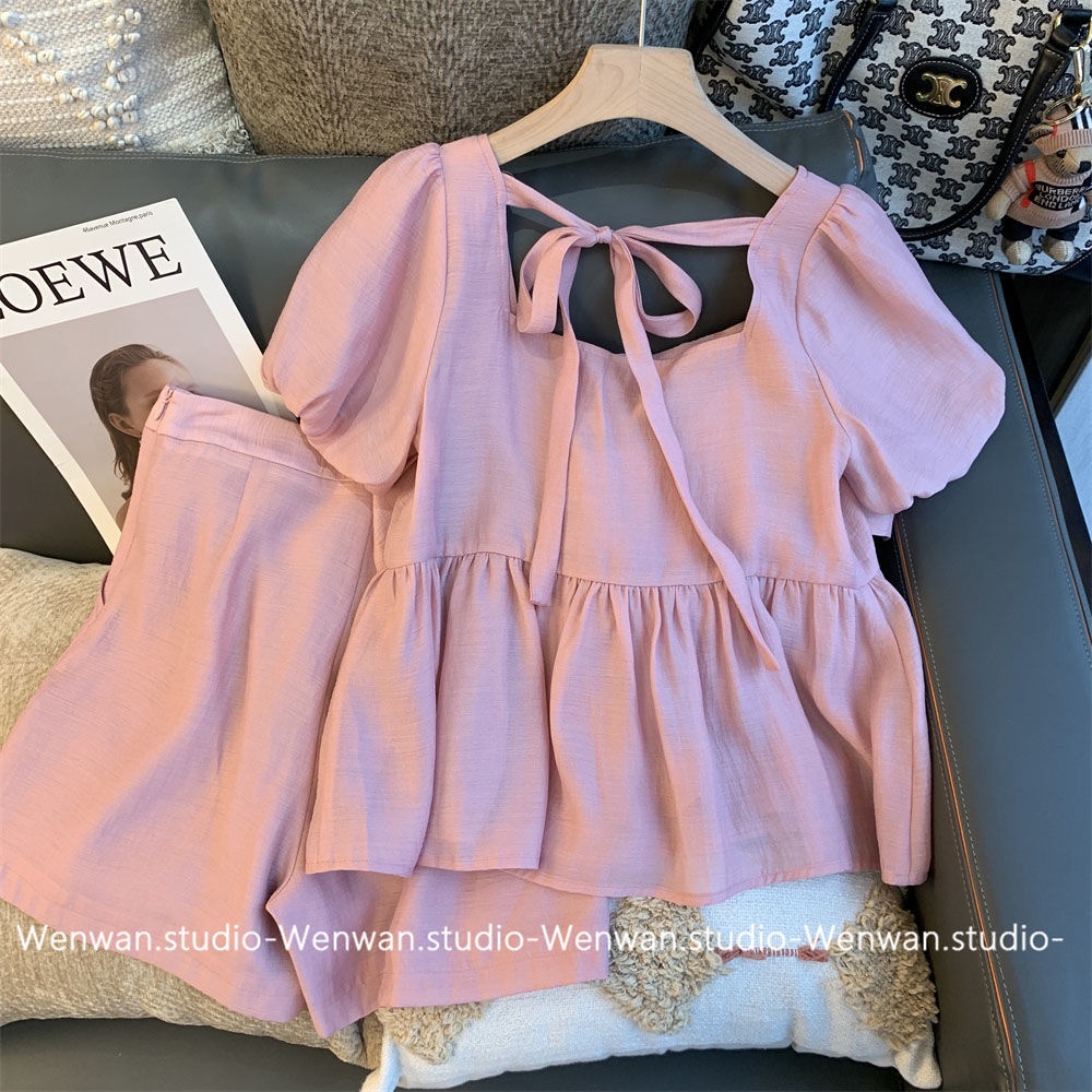 Set Áo Cổ Vuông Tay Phồng Thắt Nơ Phối Quần Short Thời Trang Mới Cho Nữ
