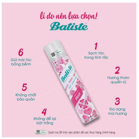 Dầu Gội Khô Batiste Dry Shampoo Hết Ngứa, Hết Bết Dính Tóc Bồng Bềnh Tức Thì 50ml