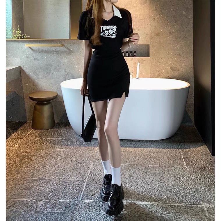 COZOK Đầm Tay Ngắn Cổ Polo Chiết Eo Thiết Kế Quyến Rũ Thời Trang