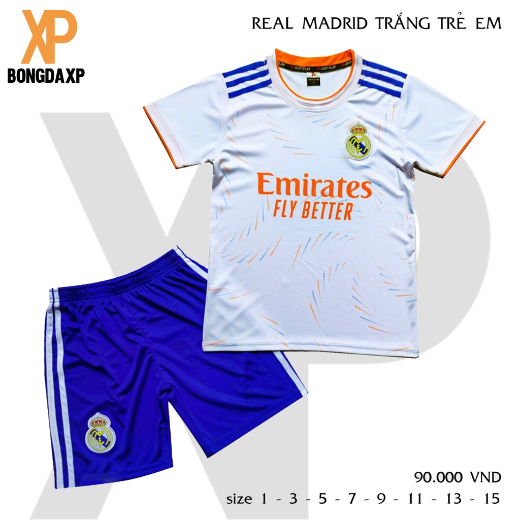 Quần áo bóng đá trẻ em, đồ đá banh trẻ em Real Madrid Siêu dễ thương Vải thun lanh cao cấp