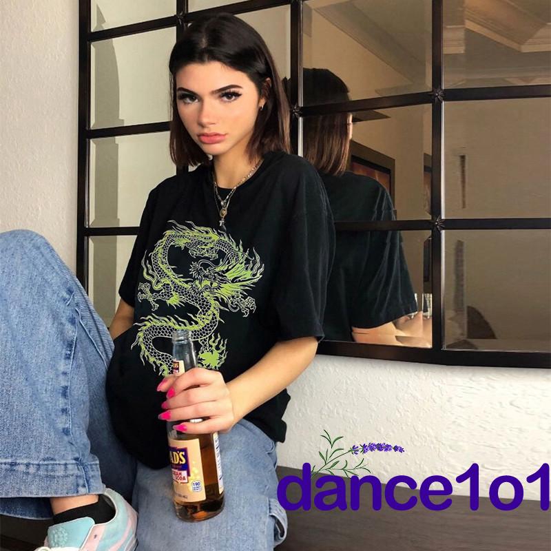 Áo Thun Nữ Ngắn Tay Cổ Tròn Dáng Dài In Hình Rồng Cá Tính