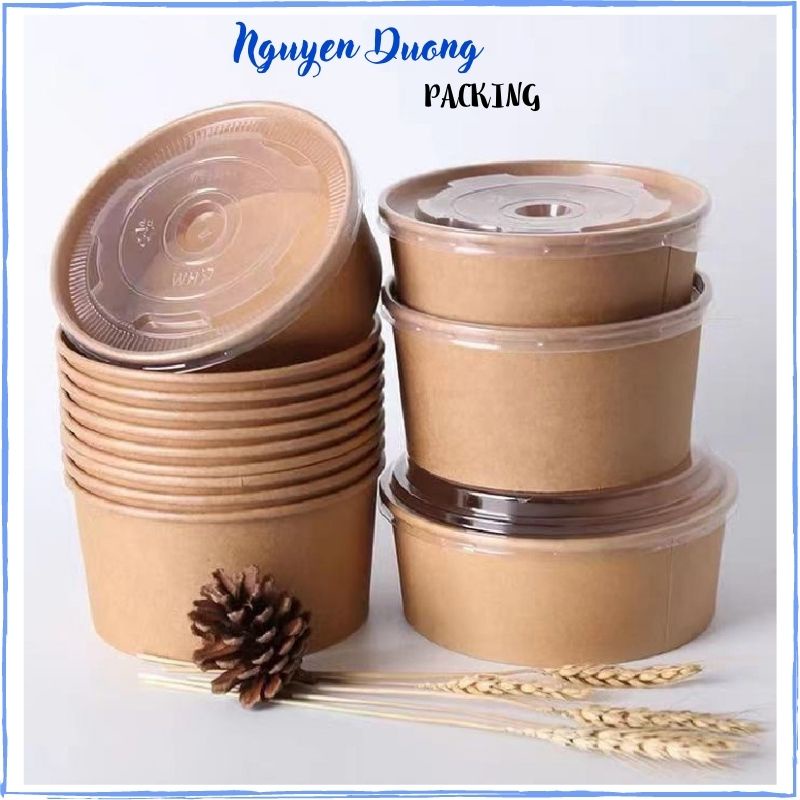 Tô giấy Kraft Hộp để thức ăn bằng giấy dùng 1 lần có nắp Hộp giấy đựng thức ăn nhanh An toàn vệ sinh