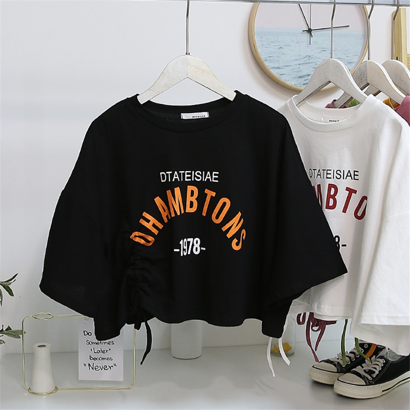 Áo Croptop Tay Ngắn Dáng Rộng Phối Dây Rút In Họa Tiết Xinh Xắn Cho Bạn Gái