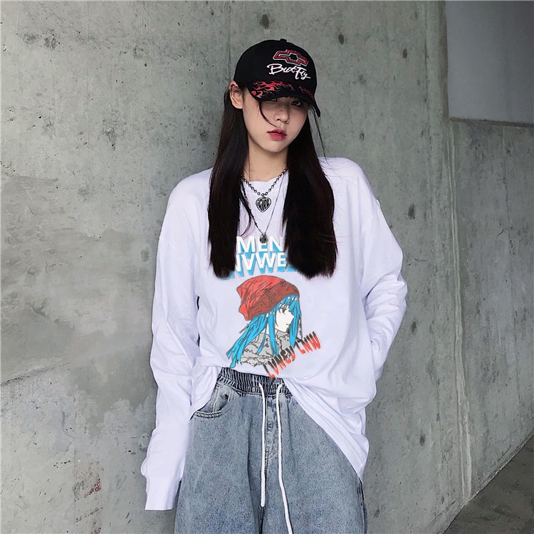 NRVP Áo Thun 100% Cotton Tay Dài Dáng Rộng In Họa Tiết Phong Cách Hàn Quốc Cho Nữ