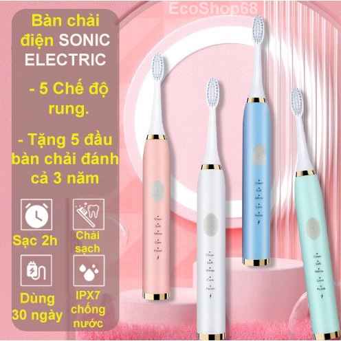 Bàn Chải Điện Đánh Răng SONIC ELECTRIC 2023 - Sạc Điện 5 Chế Độ Rung - Tặng 5 Đầu Chải