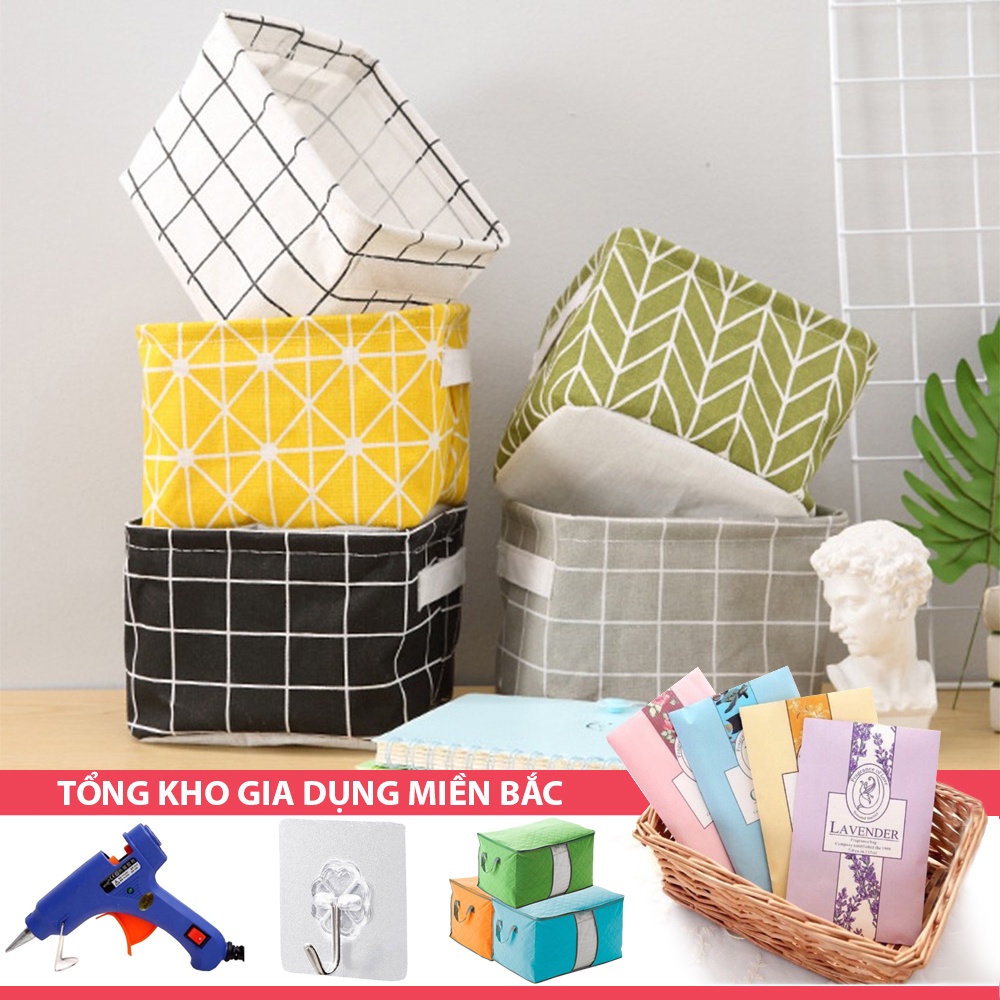[Tổng Kho Sỉ] Giỏ Vải Đựng Đồ Decor Họa Tiết Lúa Mạch/Ô Vuông - Đựng Mỹ Phẩm Cứng Cáp Vuông - Size 20cm