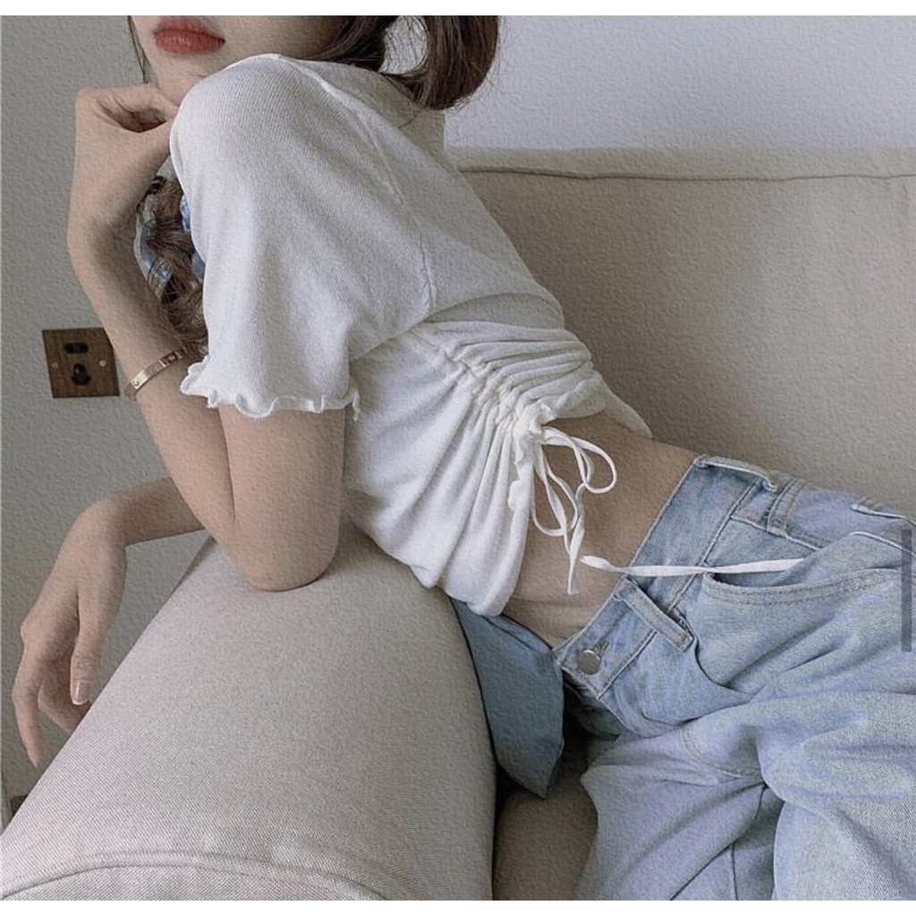 áo croptop kiểu cổ xẻ v rút dây hông
