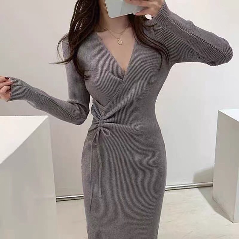 VÁY LEN ĐẦM LEN BODY CỔ CHÉO RÚT DÂY EO HÀN QUỐC SANG TRỌNG
