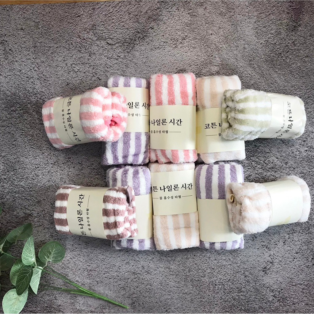 [FREESHIP❤️]Chiếc Khăn Mặt Lông Cừu Hàn Quốc cotton 50x35cm Siêu Thấm Hút Loại Có Dòng Kẻ