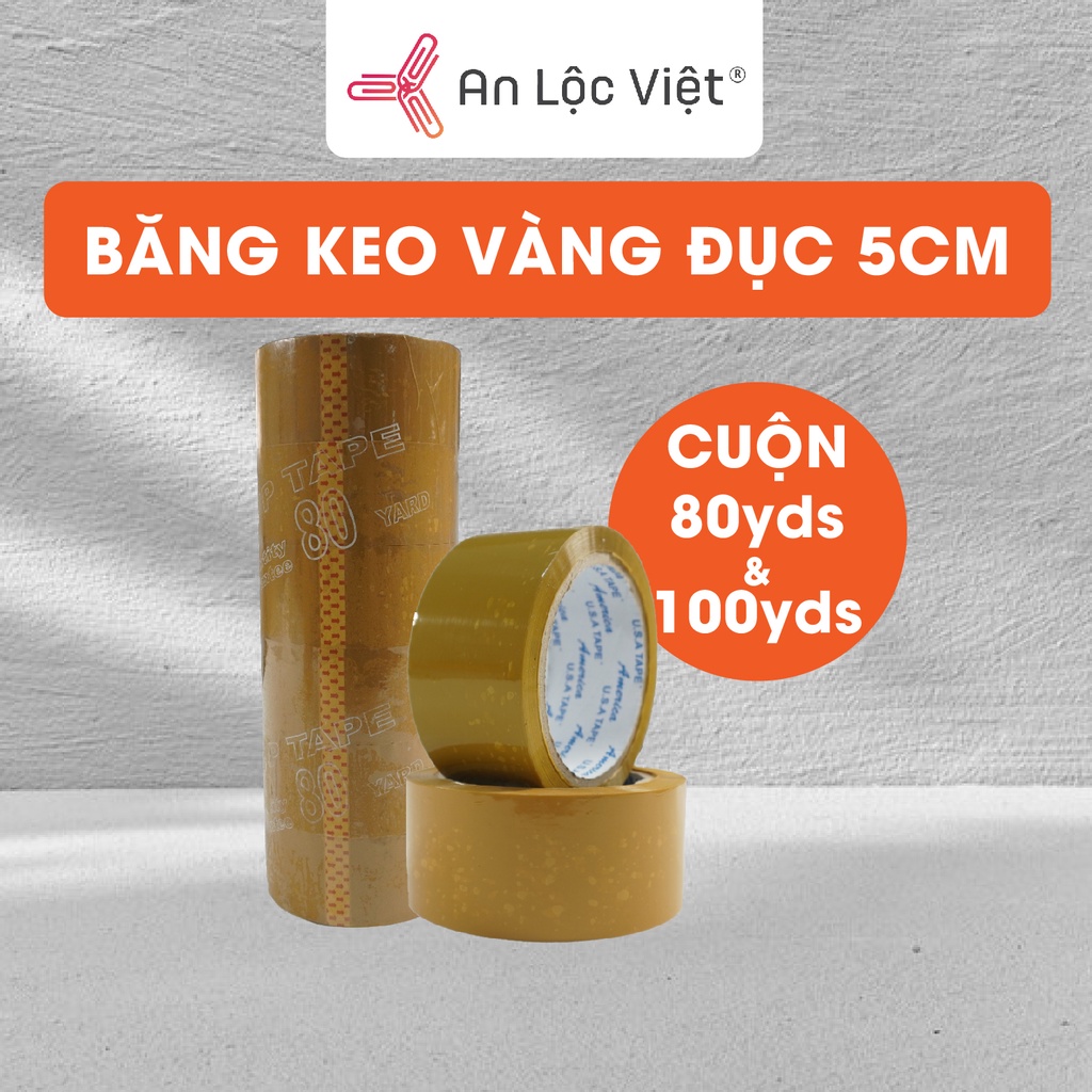 Băng keo vàng đục 5cm - 80yds (1 cây = 900gr) và 5cm - 100yds (1 cây = 1,1kg)