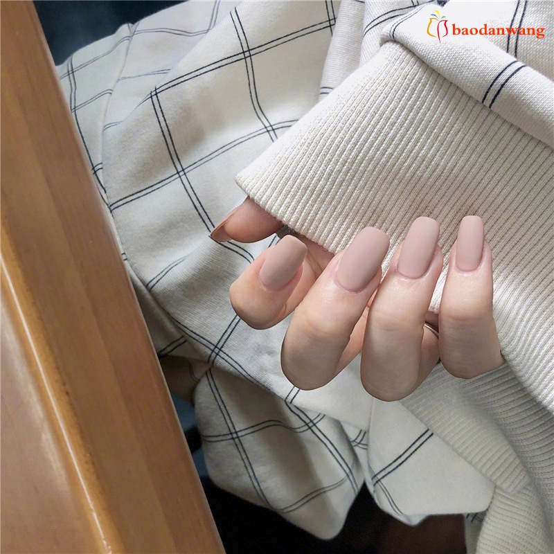 [Hàng mới về] Set 24 móng tay giả màu kaki trơn đầu vuông dáng dài vừa có keo dán trang trí nghệ thuật cho nữ