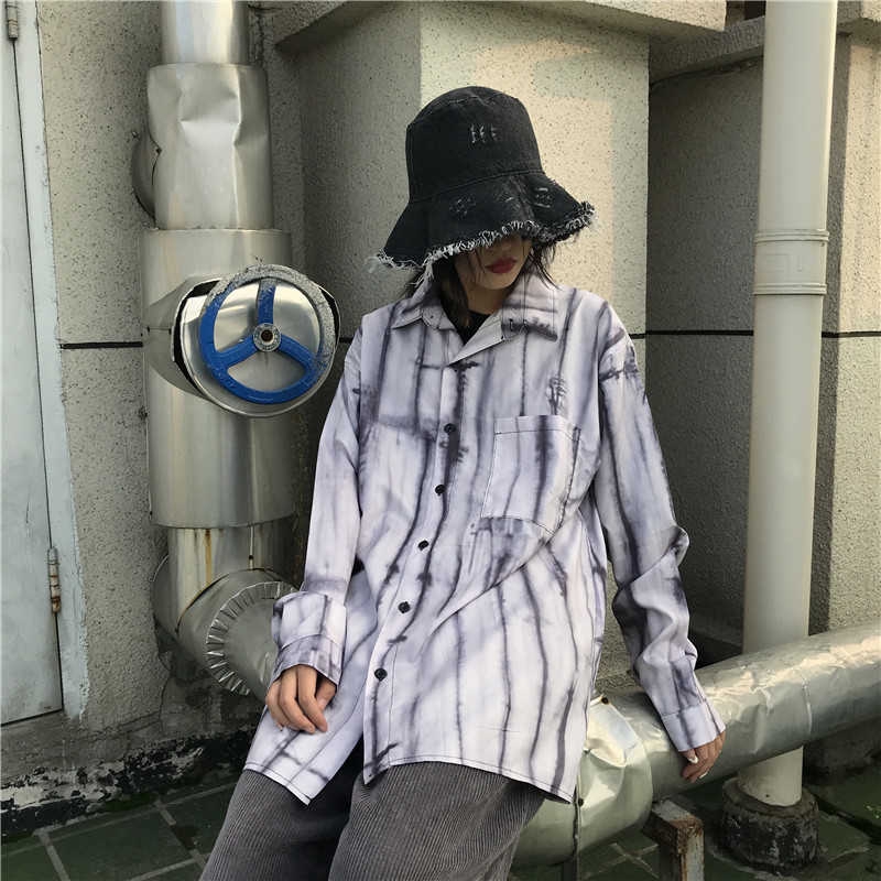 [Miễn Phí Vận Chuyển] Áo Sơ Mi Dài Tay 229609Áo Sơ Mi Dáng Rộng In Màu Nhuộm Kiểu Harajuku Cá Tính