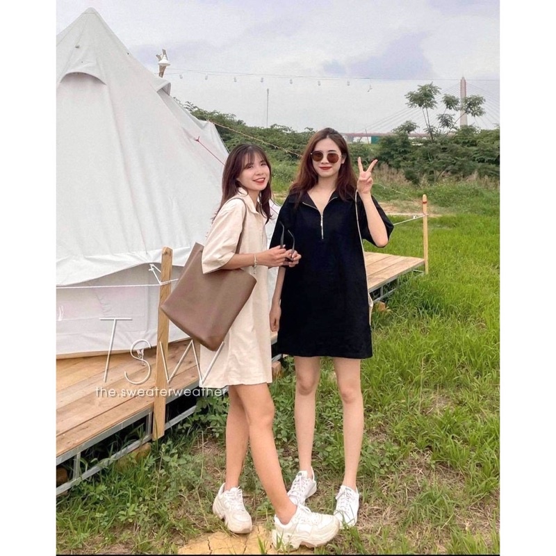 Váy Phối Cổ Sơ Mi Khóa Zip Nữ 🌸Đầm polo thun kaki suông tay lỡ dáng basic bánh bèo Ulzzang🌸
