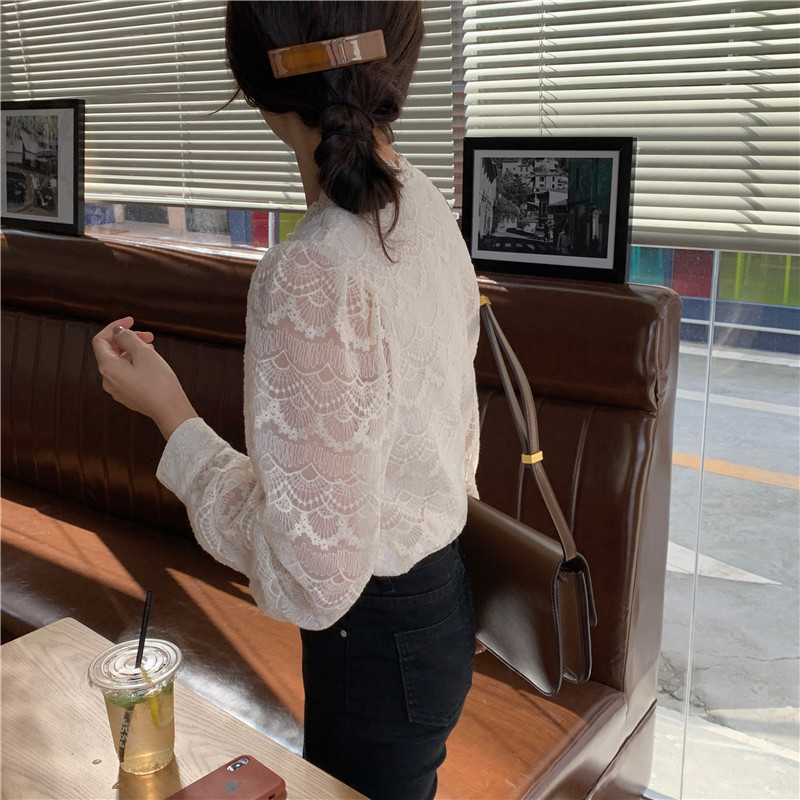 38821 Chic embroidery crochet  bottoming lace shirt women top