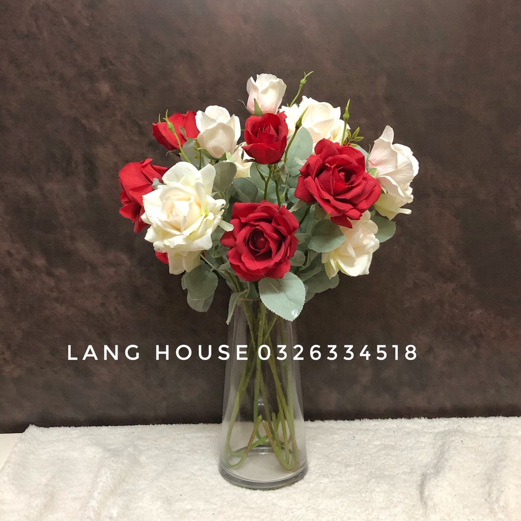 Hoa Giả Lụa - HOA HỒNG QUEEN ELIZABETH 1 CÀNH 2 BÔNG 1 NỤ - Dài 64cm