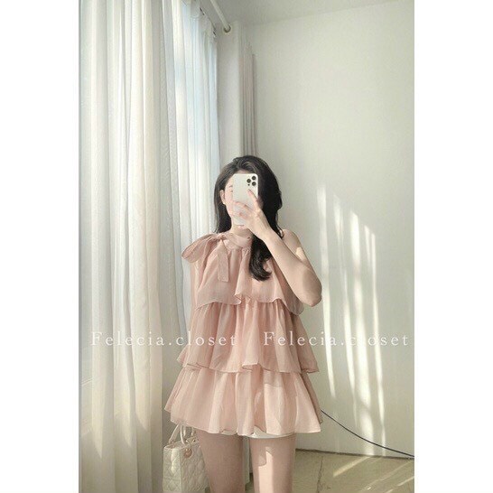 Áo váy voan tơ 3 tầng cổ yếm thắt nơ dáng babydoll xòe tầng sang chảnh