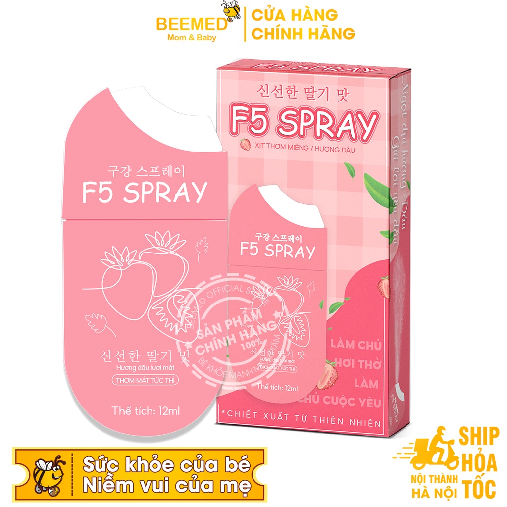 Xịt thơm miệng F5 Spray, giảm mùi hôi, ngừa sâu răng - Combo 2 vị Dâu và Đào - Nhỏ gọn tiện lợi, Lọ 12ml