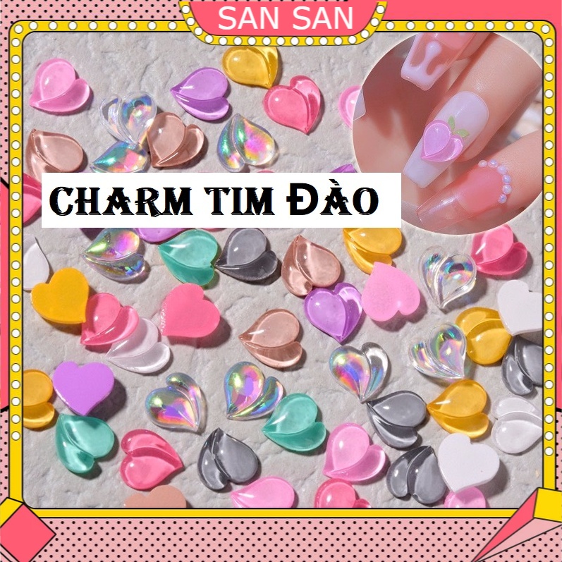 Set 5 Viên Charm Trái Tim Đào Thạch 5D Trang Trí Móng Tay
