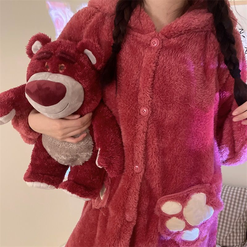❤️❤️ Bộ Đồ Ngủ Vải Nỉ Lông Cừu San Hô Dày In Hình Gấu/ Dâu Tây Dễ Thương Thời Trang Mùa Đông Cho Nữ 2023