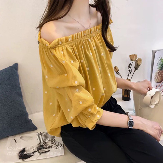 (Order-ảnh thật) bigsize Áo bẹt vai tay lỡ hoạ tiết chấm bi