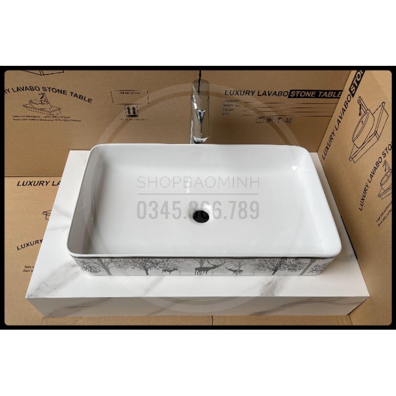 Lavabo chữ nhật đặt bàn hoa văn cao cấp (KT 62x33cm)