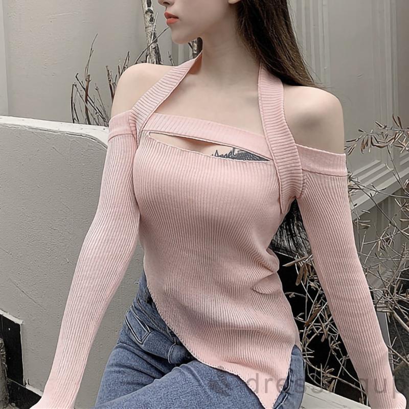 Đầm Dệt Kim Tay Dài Trễ Vai Màu Sắc Đơn Giản Cho Nữ